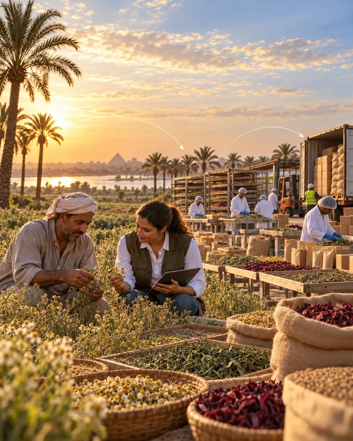 Illustration of growers checking herbs with a buyer beside preparation and shipping areas