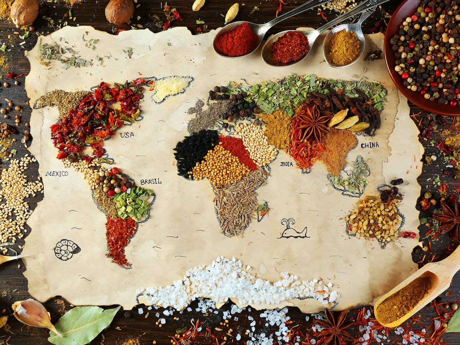 Spices arranged over a world map